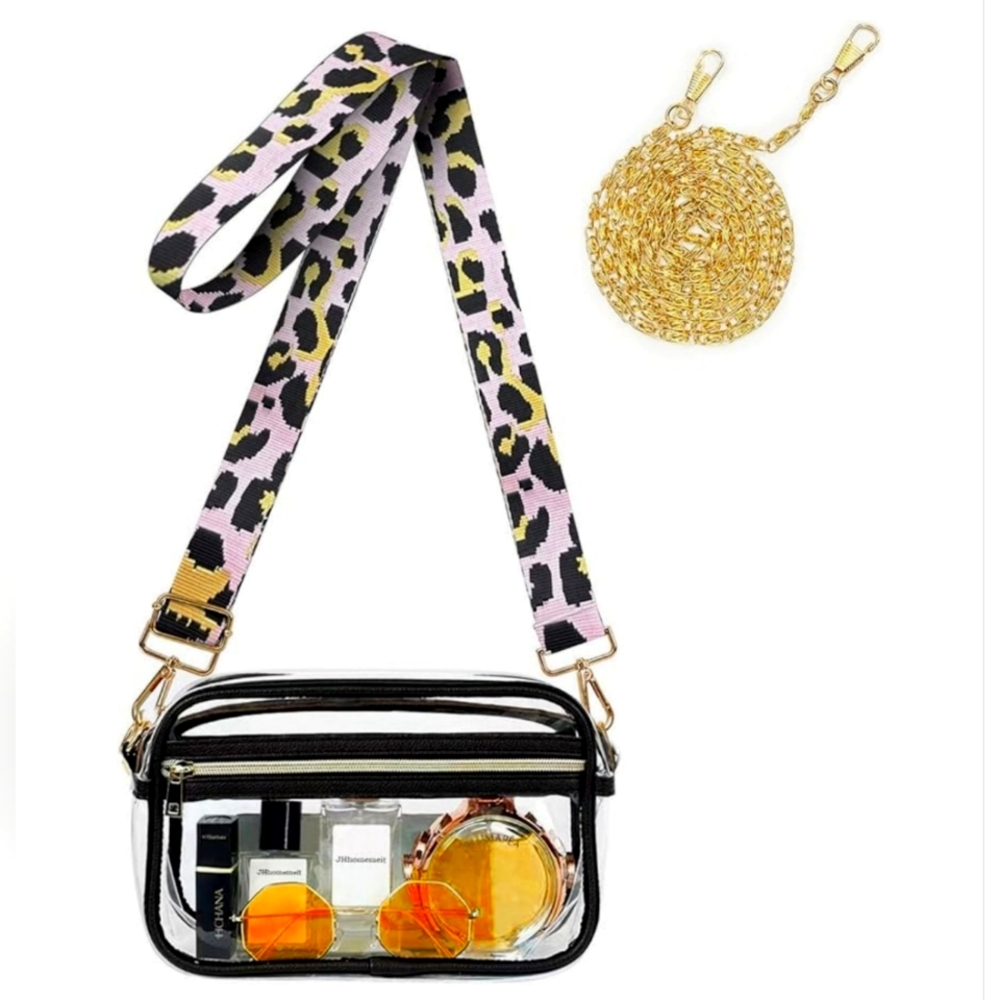 🆕 Clear Boho Stadium Shoulder Crossbody Purse Black Leather Pink Leopard Strap